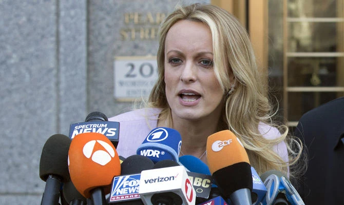 In this April 16, 2018 file photo, adult film actress Stormy Daniels speaks outside federal court in New York. (AP Photo/Mary Altaffer, File)