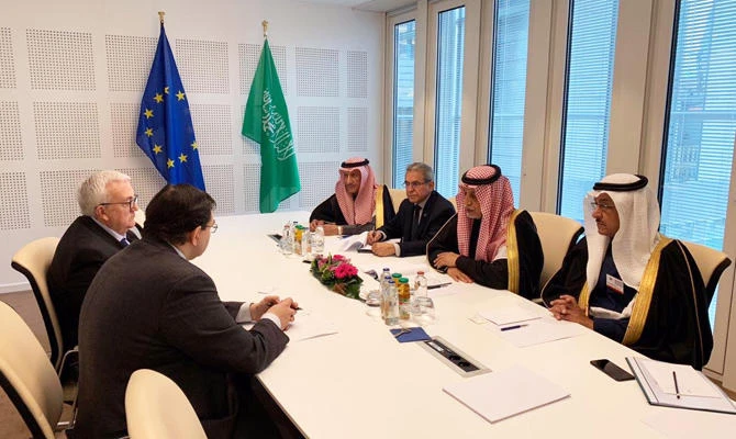 The Saudi delegation meeting with the European Parliament’s Delegation for Relations with the Arabian Peninsula in Brussels. (SPA)