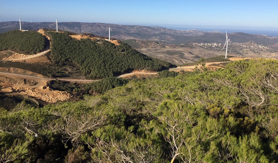 The Khalladi wind farm is located at Jbel Sendouq, 30 kilometers from Tangiers in Morocco.