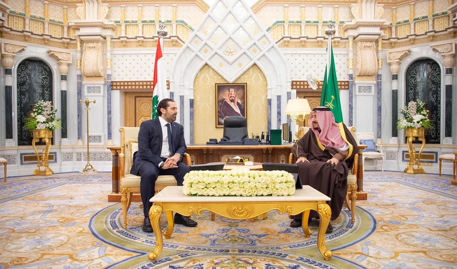 King Salman receives Lebanese Prime Minister Saad Hariri at Al-Yamamah Palace in Riyadh on March 11, 2019. (SPA)