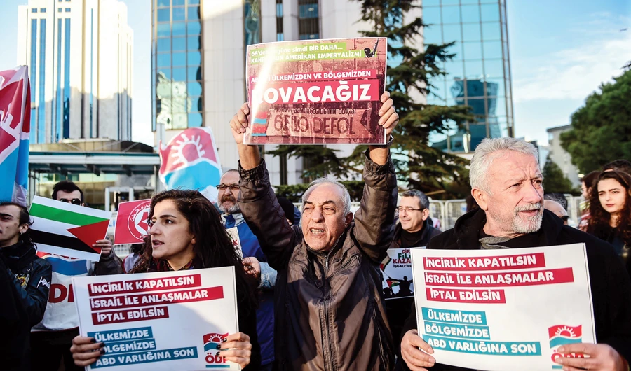 Protesters hold placards reading ‘US air base in Incirlik should close’ during a demonstration in Istanbul. (AFP)