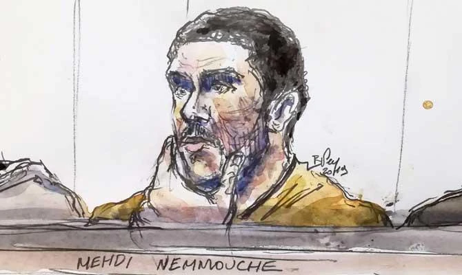 This file court sketch made on January 10, 2019 shows Mehdi Nemmouche, accused of the terrorist attack at the Jewish Museum in Brussels in 2014, during his trial at the Brussels Justice Palace. (AFP)