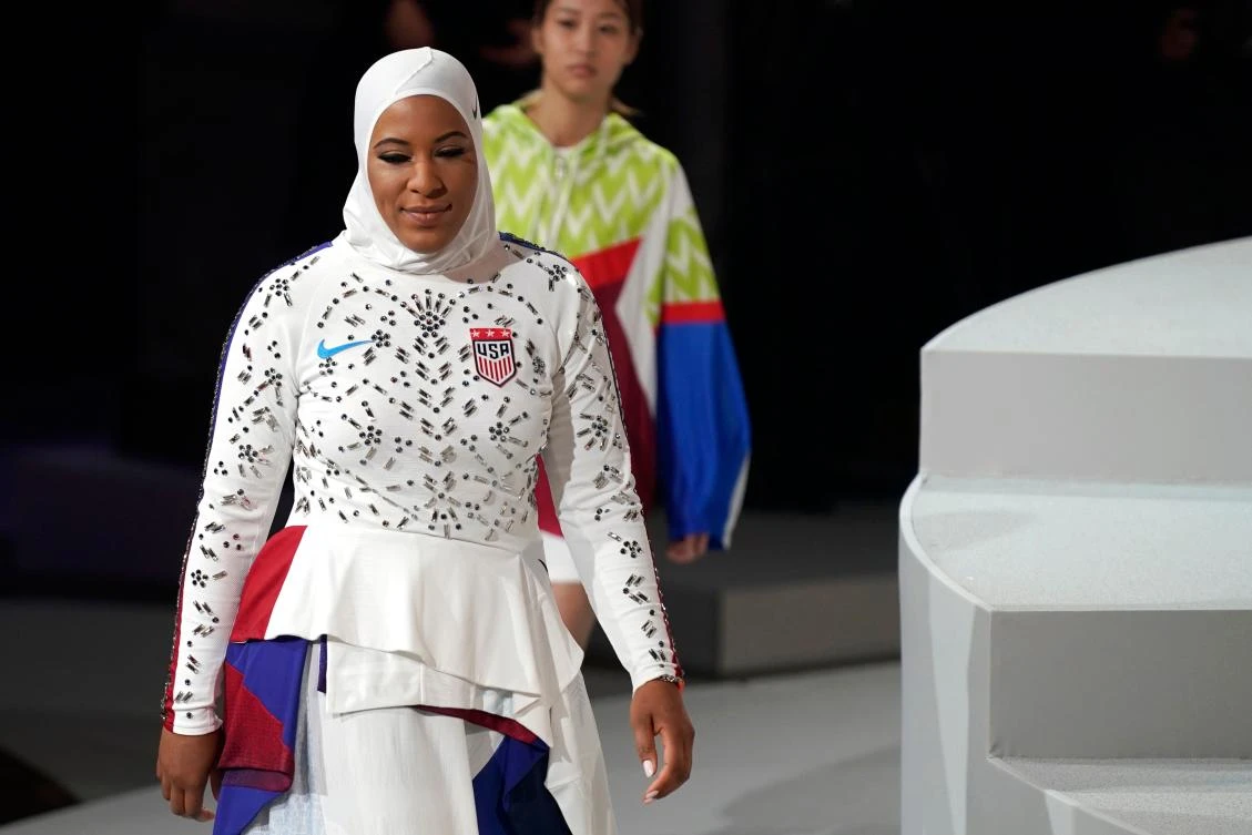 US fencer Ibtihaj Muhammad takes part in the Nike show to present feminine world soccer cup jerseys in Paris on 11 March, 2019. (AFP)