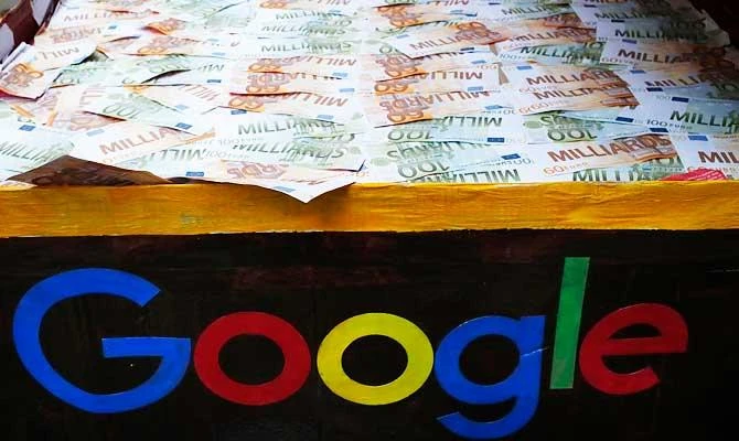 In this Jan.31, 2019 file photo, a trunk full of fake bank notes is displayed as activists from anti-globalization organisation Attac stage a protest at Google's Paris headquarters to criticize the company's tax evasion policies, in Paris. (AP)