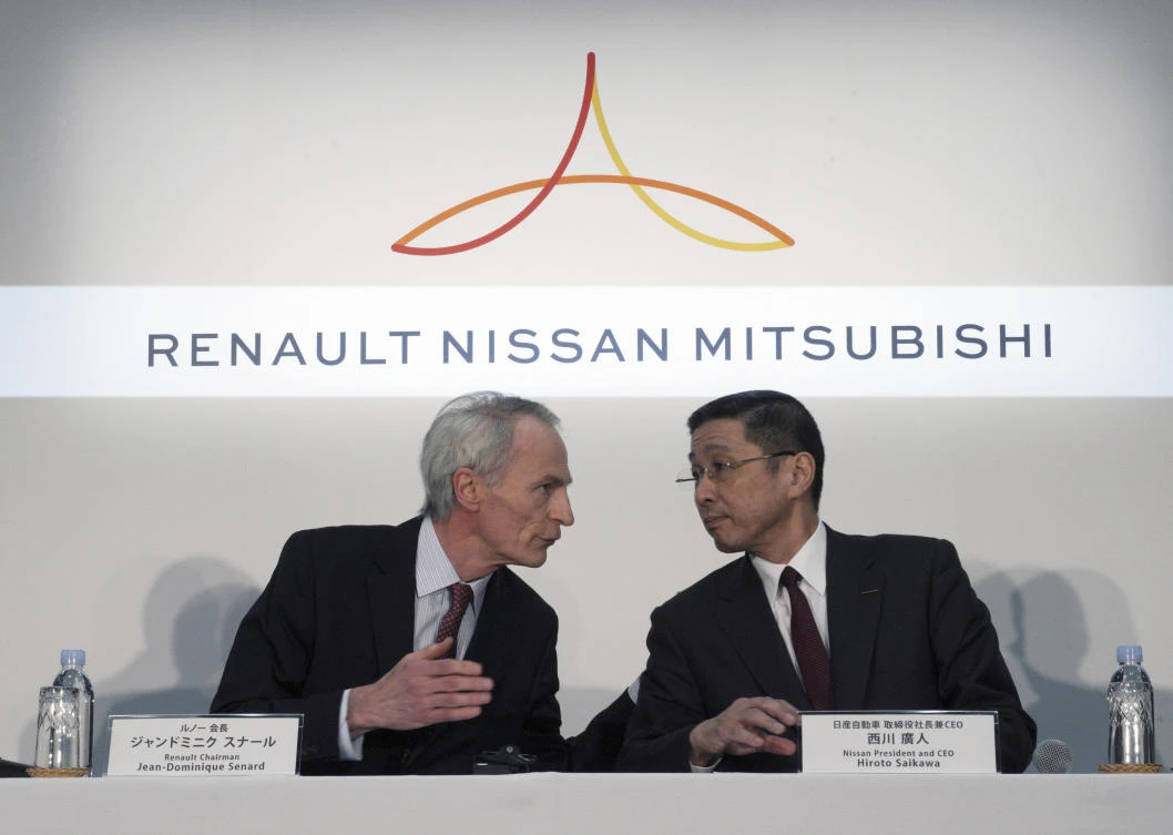 Renault Chairman Jean-Dominique Senard, left, and Nissan CEO Hiroto Saikawa at a joint press conference following a board meeting in Yokohama on Tuesday, March 12, 2019. (AP)