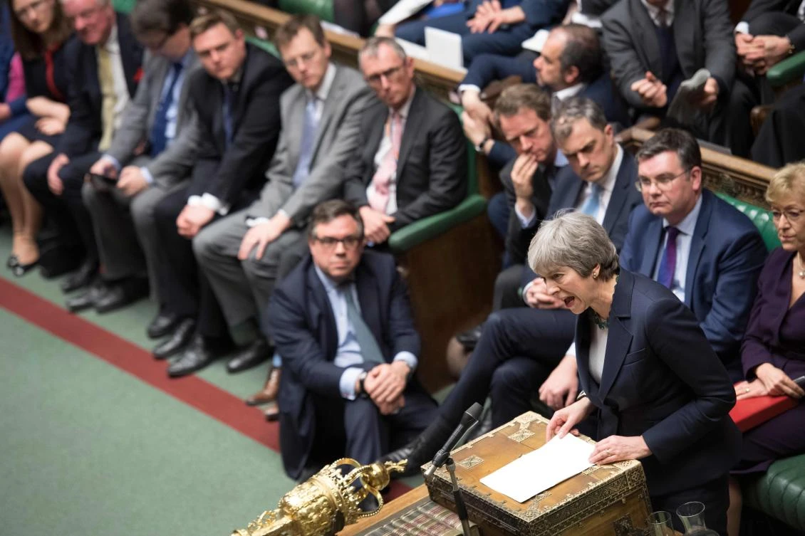 British Prime Minister Theresa May responds to the result of a vote in the House of Commons in London on Wednesday, March 13, 2019 which rejected a no-deal Brexit. (AFP)