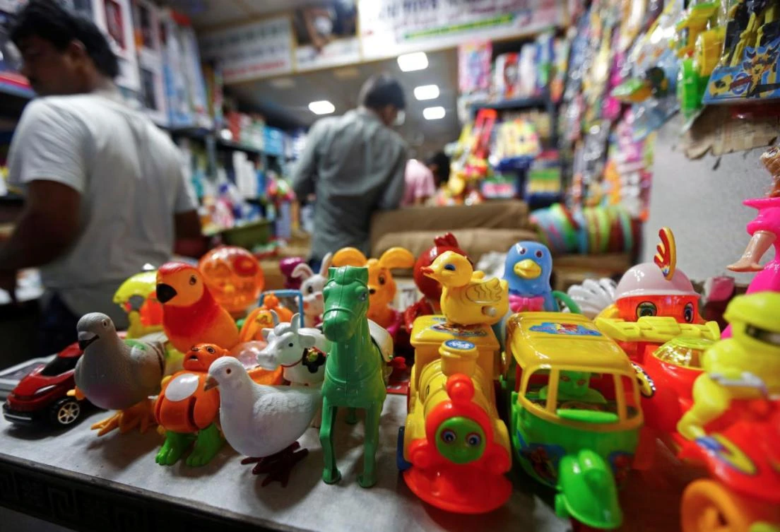 Toys are displayed inside a Chinese toy shop at a market in Kolkata, October 11, 2017. (Reuters)
