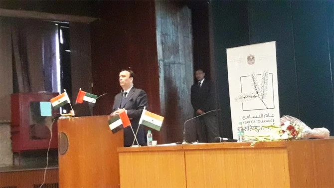 The UAE Ambassador to India, Dr. Ahmed Albanna, addressing the event titled "India-UAE Flourishing Relationship" on Monday. (Courtesy: UAE Embassy in New Delhi)