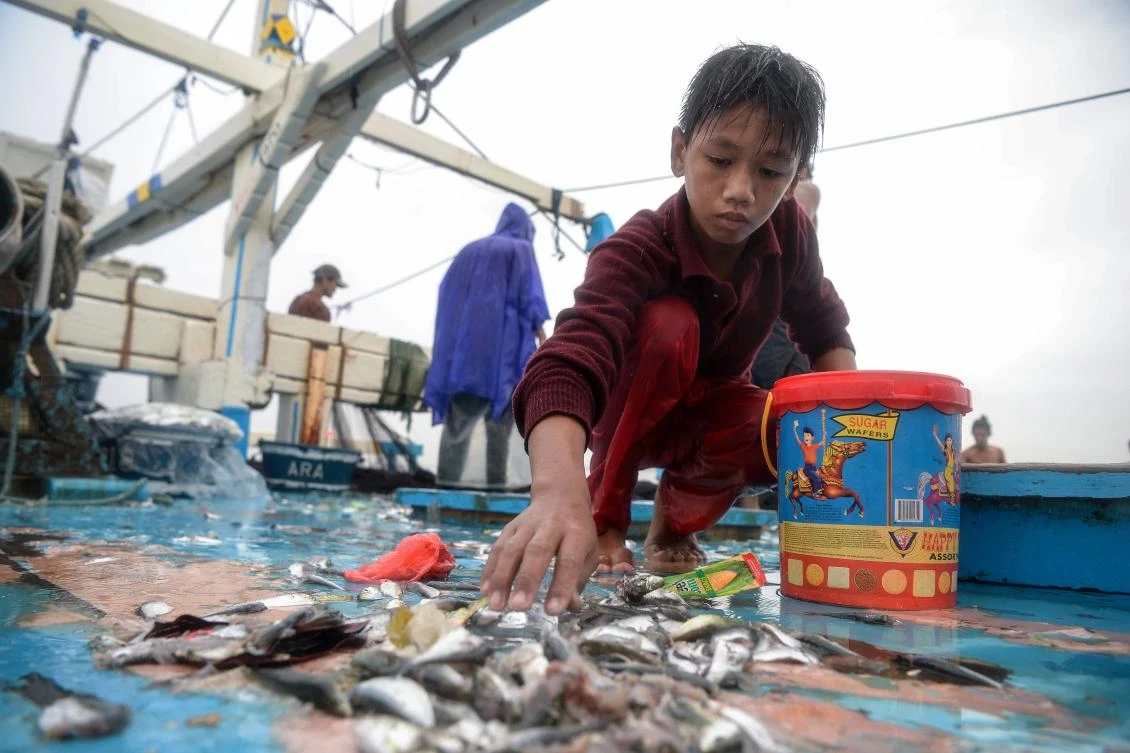 13-year-old Reymark Cavesirano collects left over herring onboard a fishing boat anchored at the mouth of Manila Bay off Navotas City in suburban Manila. (AFP)