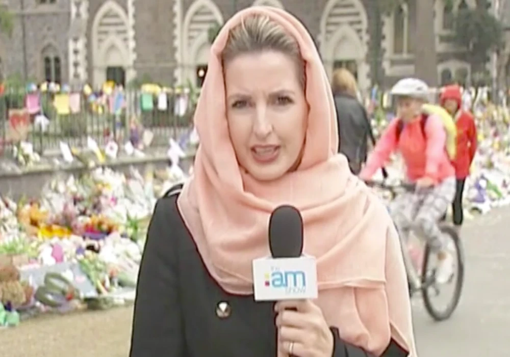 Amanda Gillies, anchor of the popular The AM Show, wearing a hijab during Friday's broadcasts. (Screengrab)