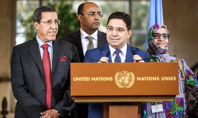 Moroccan Foreign Minister Nasser Bourita speaks to the media during a conference in Geneva on Friday. (AFP)