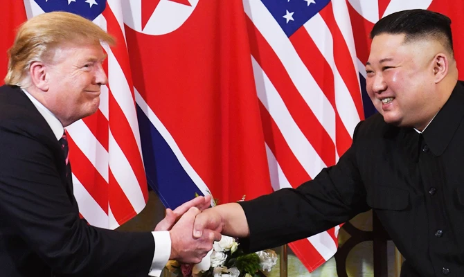 In this file photo taken on February 27, 2019 US President Donald Trump (L) speaks with North Korea's leader Kim Jong Un during a meeting at the Sofitel Legend Metropole hotel in Hanoi. (AFP)