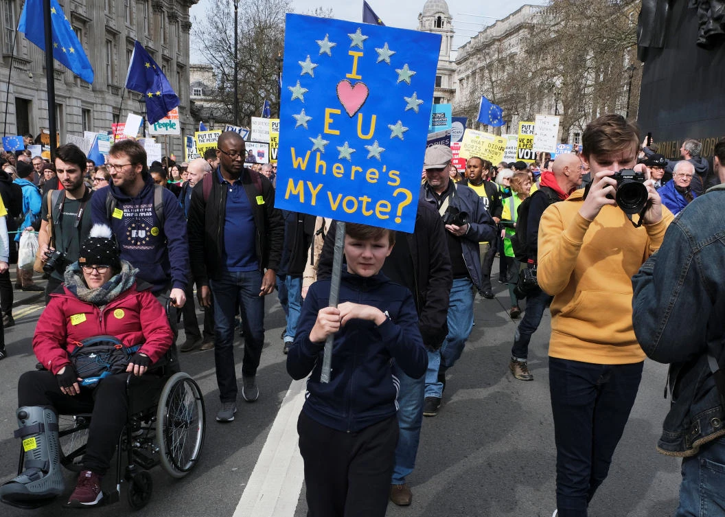 EU supporters, calling on the government to give Britons a vote on the final Brexit deal, participate in the ‘People’s Vote’ march in central London on Saturday, March 23, 2019. (Reuters)