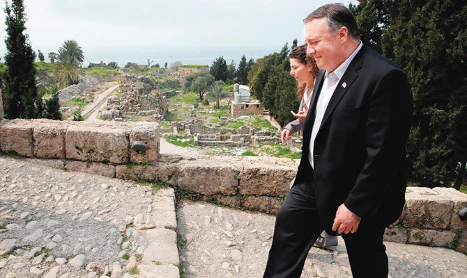 US Secretary of State Mike Pompeo tours the historical citadel of Byblos in the coastal Lebanese city north of the capital Beirut on Saturday. (AFP)