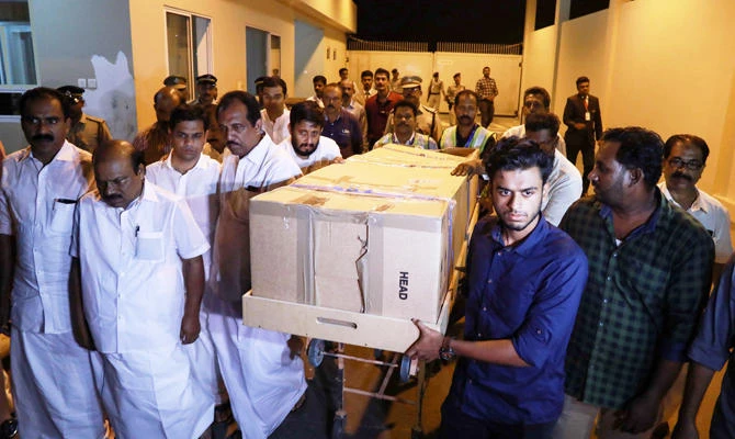 The body of Ansi Alibava, who was killed during the New Zealand mosque attacks, is carried upon arrival at Cochin International Airport in Kochi on March 25, 2019. (AFP)