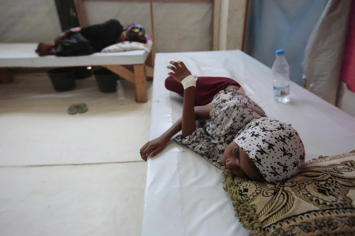 In this Sept. 27, 2018 file photo, a girl is treated for a suspected cholera infection at a hospital in Hodeida, Yemen. (AP)