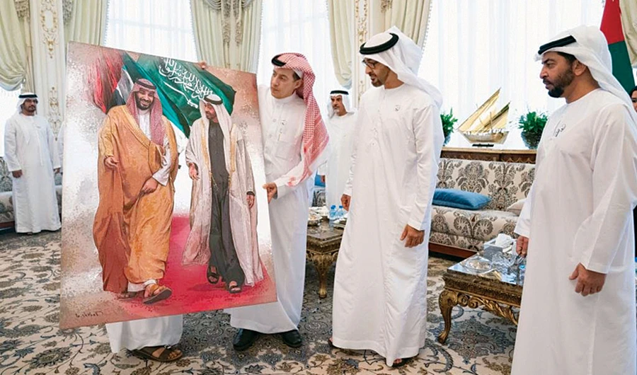 Abu Dhabi Crown Prince Sheikh Mohammed bin Zayed receives Saudi envoy Turki bin Abdullah Al-Dakhil at the Sea Palace in Abu Dhabi on Monday. (SPA)