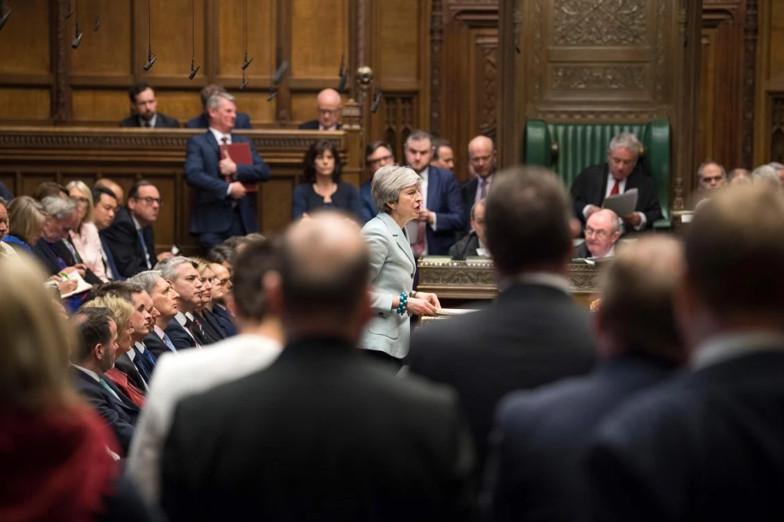 Britain’s Prime Minister Theresa May makes a statement in the House of Commons on Monday, March 25, 2019 outlining the next steps that parliament will take in the Brexit process. (AFP)