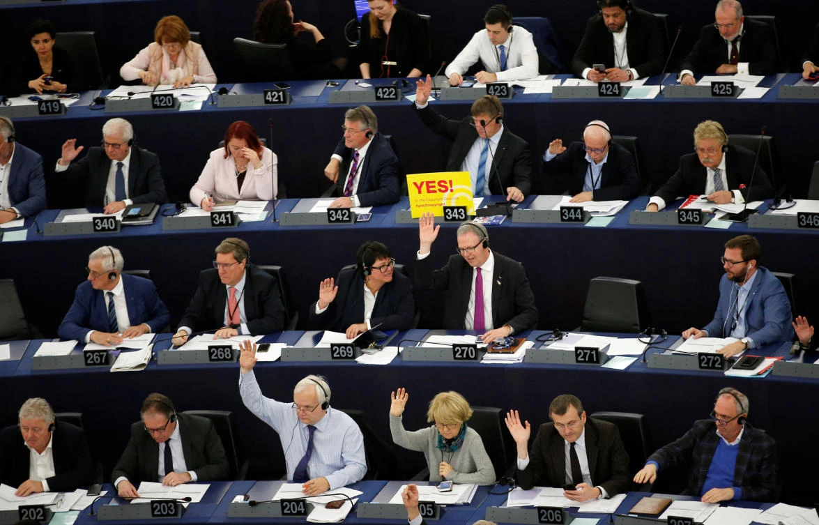 Members of the European Parliament take part in a voting session on modifications to EU copyright reforms at the European Parliament in Strasbourg, France. (Reuters)