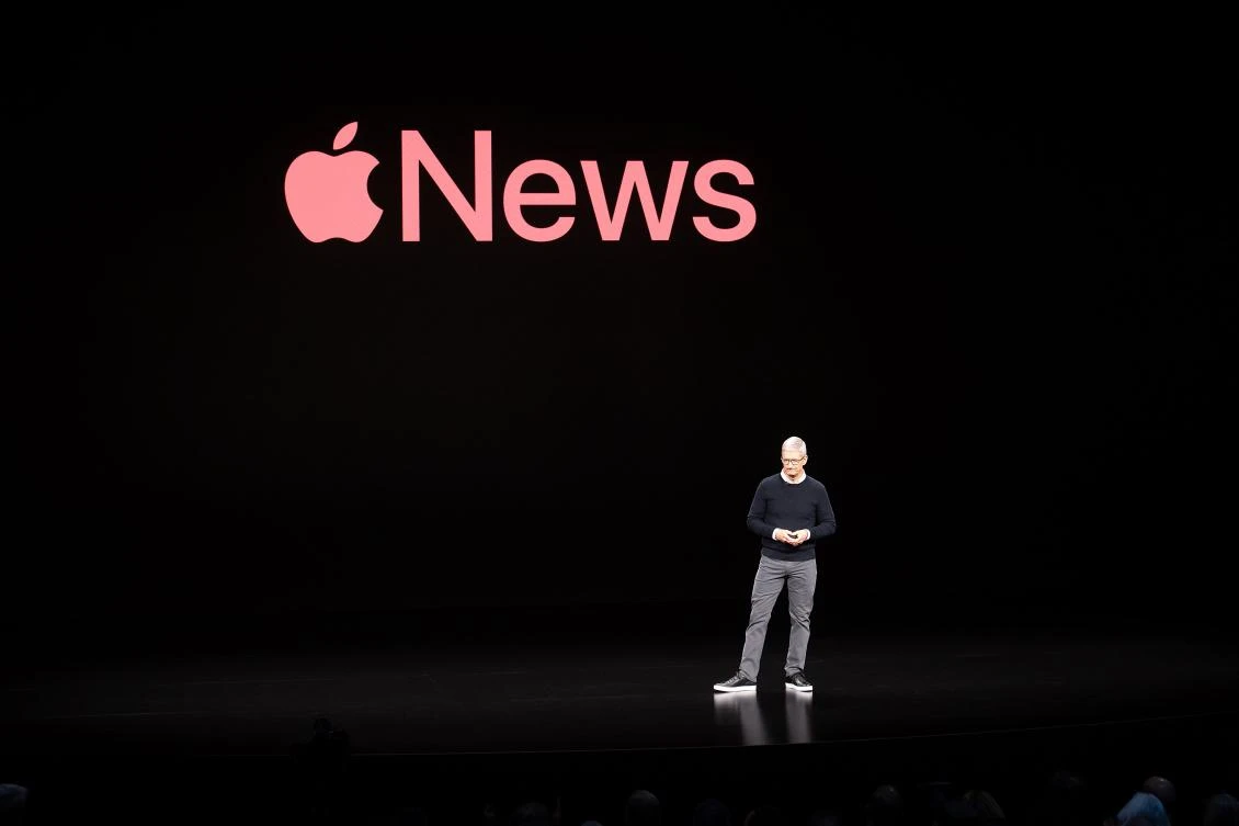 Apple CEO Tim Cook discusses Apple News during a launch event at Apple headquarters on Monday, March 25, 2019, in Cupertino, California. (AFP)