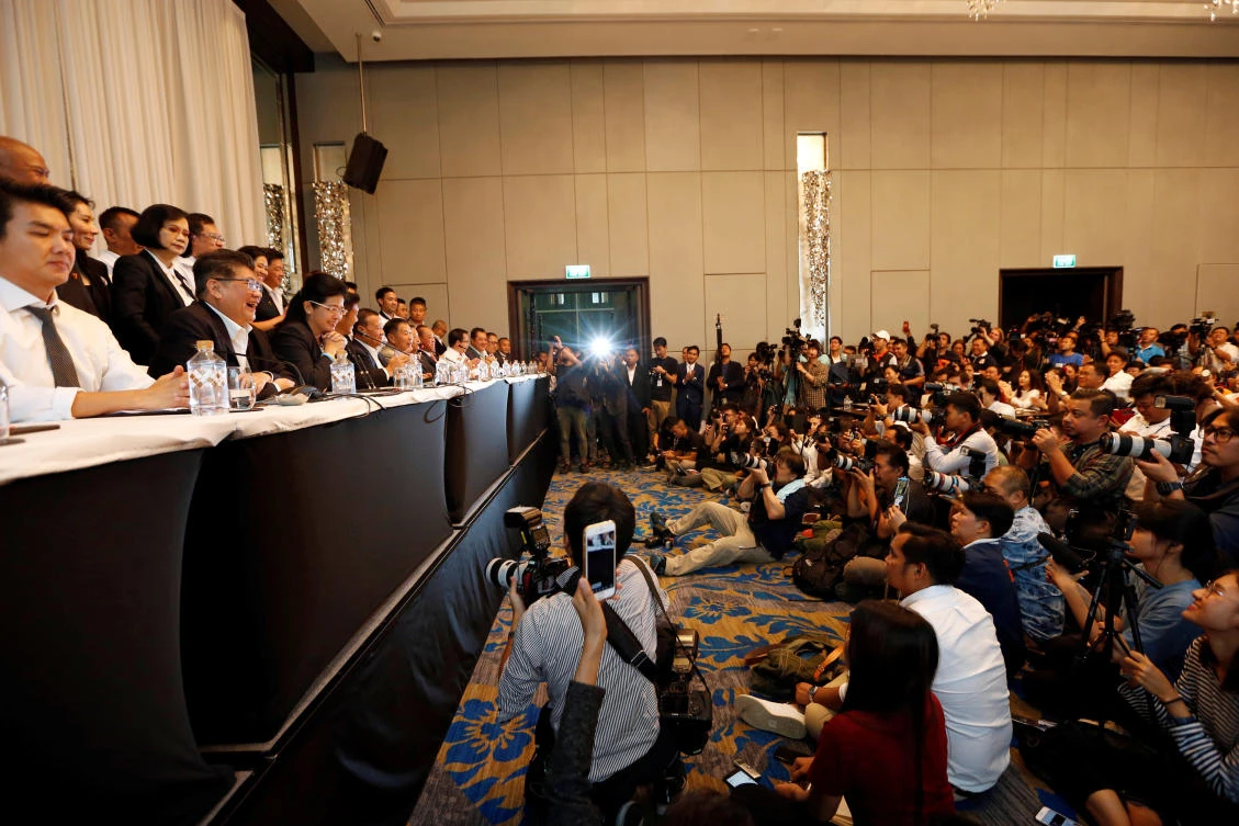 Thai opposition parties announce the formation of a ‘democratic front’ during a press conference in Bangkok on Wednesday, March 27, 2019. (Reuters)