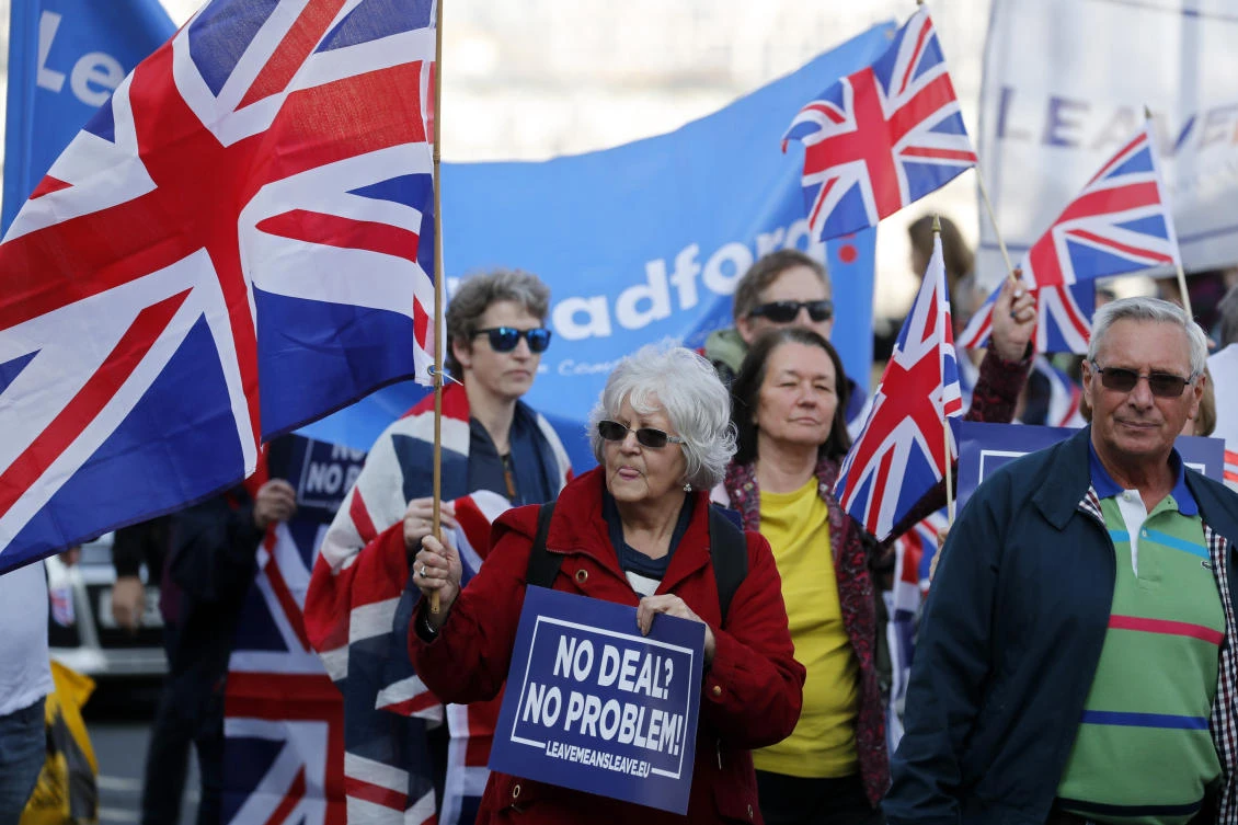 Brexit supporters gather in Westminster, London, as MP's rejected Theresa May's deal for a third time. (AP)