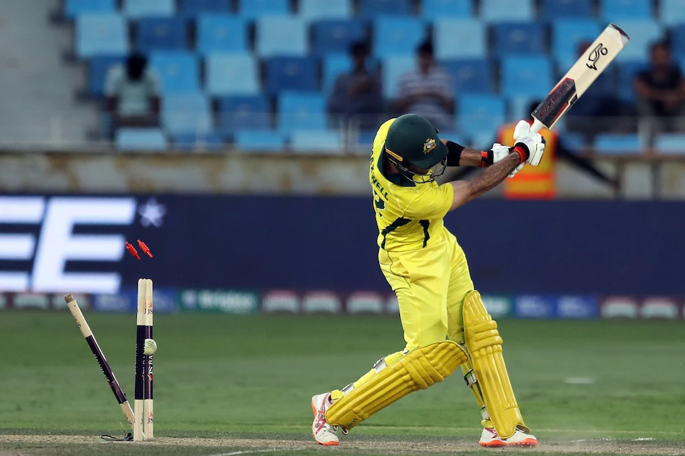 Australian cricketer Glenn Maxwell is bowled off a no-ball by Pakistani cricketer Usman Khan Shinwari on 76 during the fourth one day international (ODI) cricket match between Pakistan and Australia at Dubai International Stadium in Dubai on March 29, 2019. (AFP)