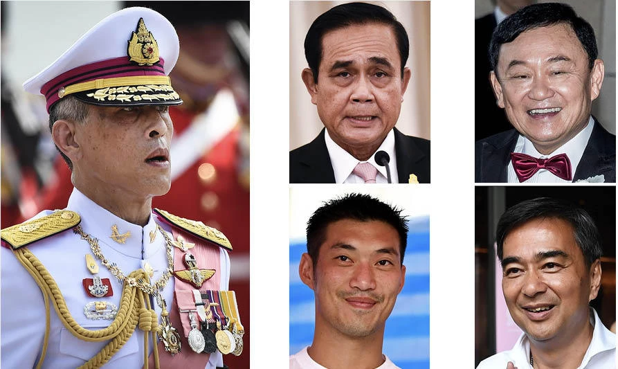 Clockwise from left: Thailand's King Maha Vajiralongkorn, Thailand's Prime Minister Prayut Chan-O-Cha, exiled former PM Thaksin Shinawatra, Democrat Party leader Abhisit Vejjajiva and Future Forward Party leader Thanathorn Juangroongruangkit. (AFP / Lillian Suwa)