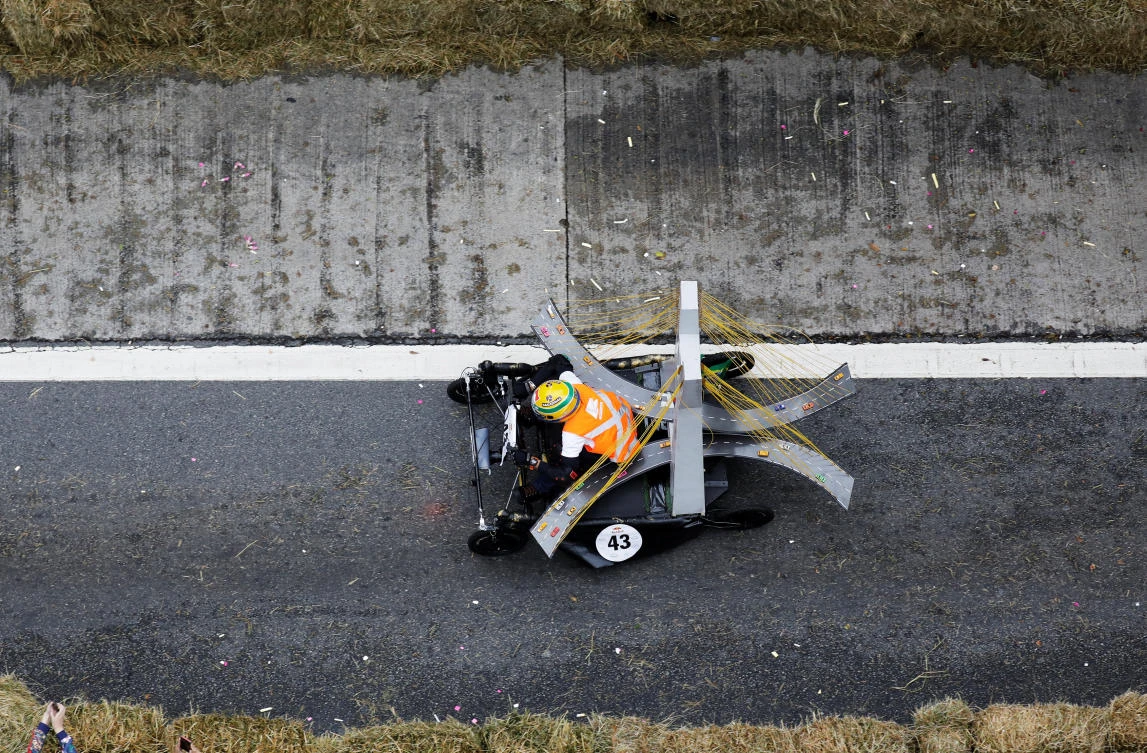 A competitor rides a home-made vehicle on a downhill track during the Red Bull Soapbox Race in Sao Paulo, Brazil, April 14, 2019. REUTERS/Nacho Doce