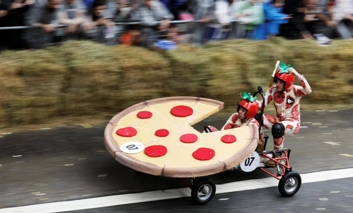 Competitors ride a home-made vehicle on a downhill track during the Red Bull Soapbox Race in Sao Paulo, Brazil, April 14, 2019. REUTERS/Nacho Doce