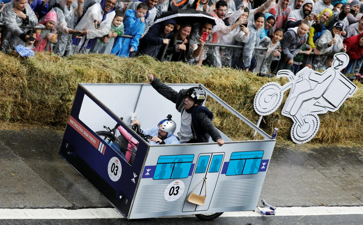 Competitors ride a home-made vehicle on a downhill track during the Red Bull Soapbox Race in Sao Paulo, Brazil, April 14, 2019. REUTERS/Nacho Doce