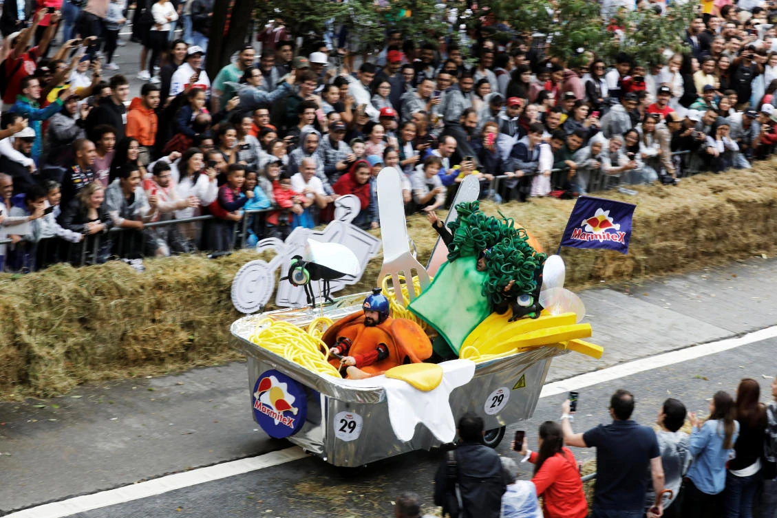 Competitors ride a home-made vehicle on a downhill track during the Red Bull Soapbox Race in Sao Paulo, Brazil, April 14, 2019. REUTERS/Nacho Doce