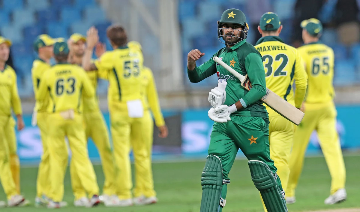Pakistani cricketers Haris Sohail leaves the field after being dismissed by Australian cricketer Kane Richardson during the fifth one-day international (ODI) cricket match between Pakistan and Australia at Dubai International Stadium in Dubai on March 31, 2019. (AFP)