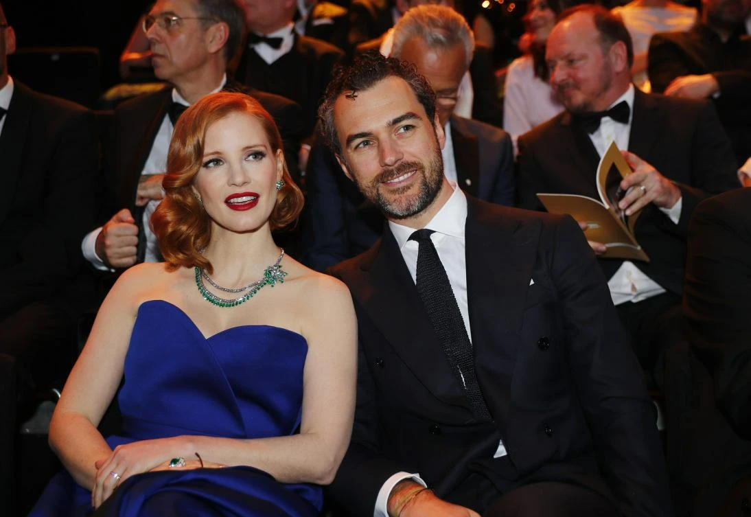 Jessica Chastain and her husband, Gian Luca Passi de Preposulo, attend the annual Golden Camera German film and television awards in the decommissioned Berlin Tempelhof Airport. (AP)