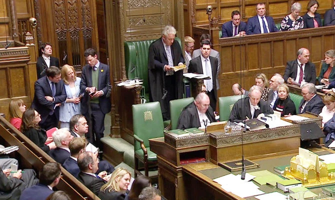 Speaker of the House of Commons John Bercow announces the results of a round of voting on alternative Brexit options at the House of Commons in London, Britain April 1, 2019 in this still image taken from video. (REUTERS)