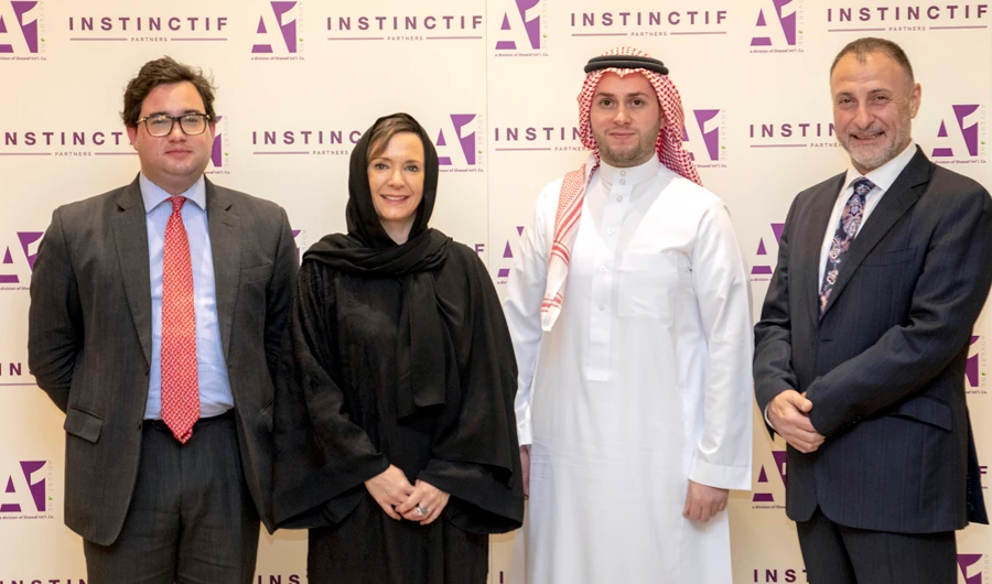 Shawaf Alshawaf, general manager of Shawaf International Company, parent company of Advert One, and Samantha Bartel, managing partner at Instinctif Partners MENA, at the signing ceremony.
