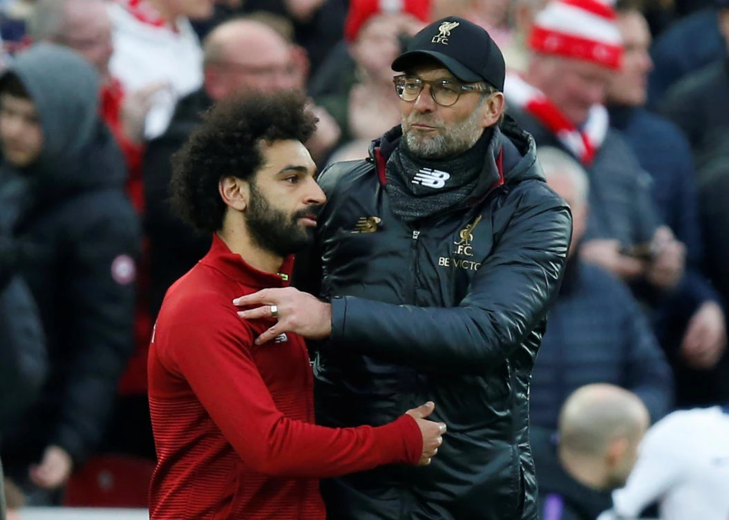 Liverpool manager Juergen Klopp and Liverpool's Mohamed Salah celebrate after their recent Premier League match against Tottenham Hotspur. (Reuters)