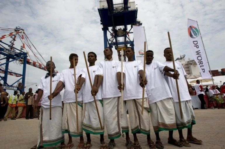 Djiboutian youths perform a traditional dance at the outset of DP World’s involvement at the Doraleh container terminal, in 2009. (Reuters)