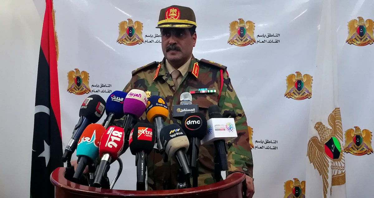 Spokesman of Libyan National Army (LNA) colonel Ahmed al-Mismari talks during a news conference in Benghazi, Libya, April, 04,2019. (Reuters)