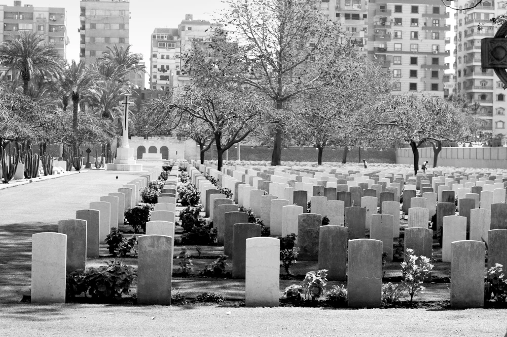 Marble gravestones inscribed with soldiers’ names at the Commonwealth War Cemetery in old Cairo. (Arab News photo)