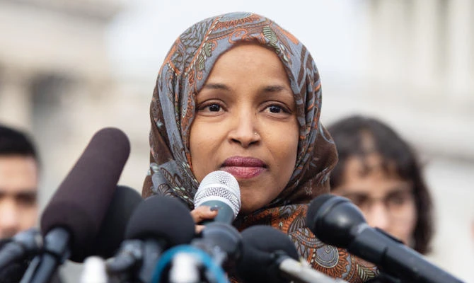 In this file photo taken on February 7, 2019 US Representative Ilhan Omar, Democrat of Minnesota, speaks during a press conference calling on Congress to cut funding for US Immigration and Customs Enforcement (ICE) and to defund border detention facilities, outside the US Capitol in Washington, DC. (AFP)