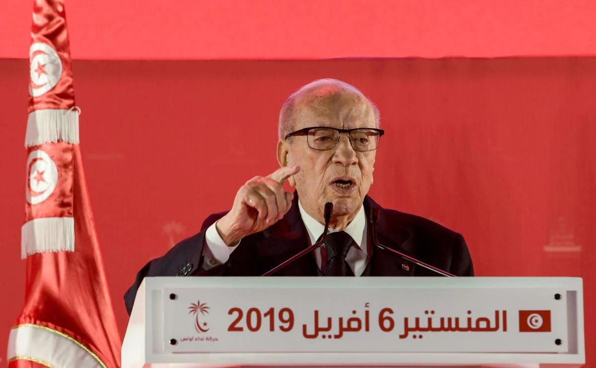 Tunisian President Beji Caid Essebsi gives a speech during the launch of his party Nidaa Tounes' congress in the coastal city of Monastir, about 160 kilometres south of the capital Tunis, on April 6, 2019. (AFP)