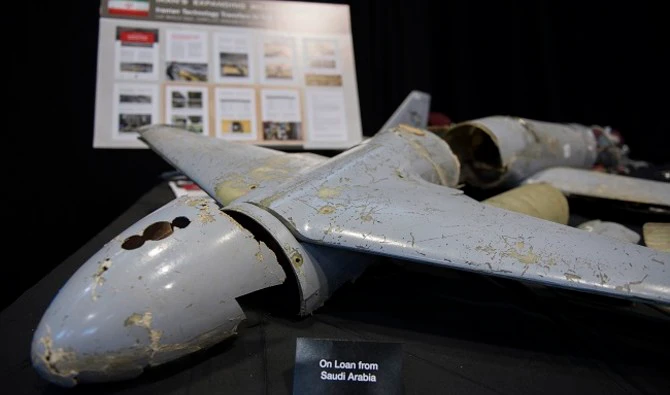 In this Dec. 14, 2017 file photo, a kamikaze drone fired by Houthi militants toward Saudi Arabia is shown as an exhibit at the United Nations. The Iran-backed Houthis have continued to fired missiles and armed drones toward Saudi Arabia, the latest of which was on April 7, 2019. (AFP file photo)