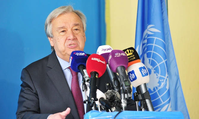 Secretary General of the United Nations Antonio Guterres speaks to the media during his visit at Al-Baqaa Palestinian refugee camp, near Amman, Jordan April 6, 2019. (REUTERS)
