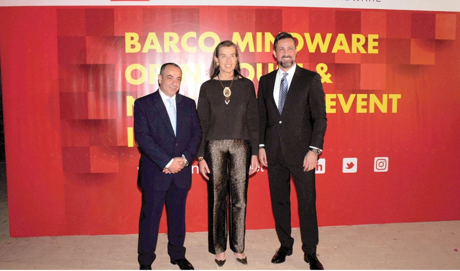 Belgian Ambassador to Saudi Arabia Dominique Mineur, center, with officials of Barco and Mindware. (Photo Supplied)