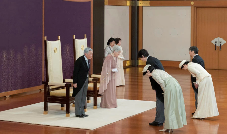 Japan's Emperor Akihito and Empress Michiko receive Crown Prince Naruhito, Crown Princess Masako, Prince Akishino and Princess Kiko during a celebration marking 60th anniversary of their wedding at the Imperial Palace in Tokyo on April 10, 2019. (Imperial Household Agency of Japan/Handout via Reuters)