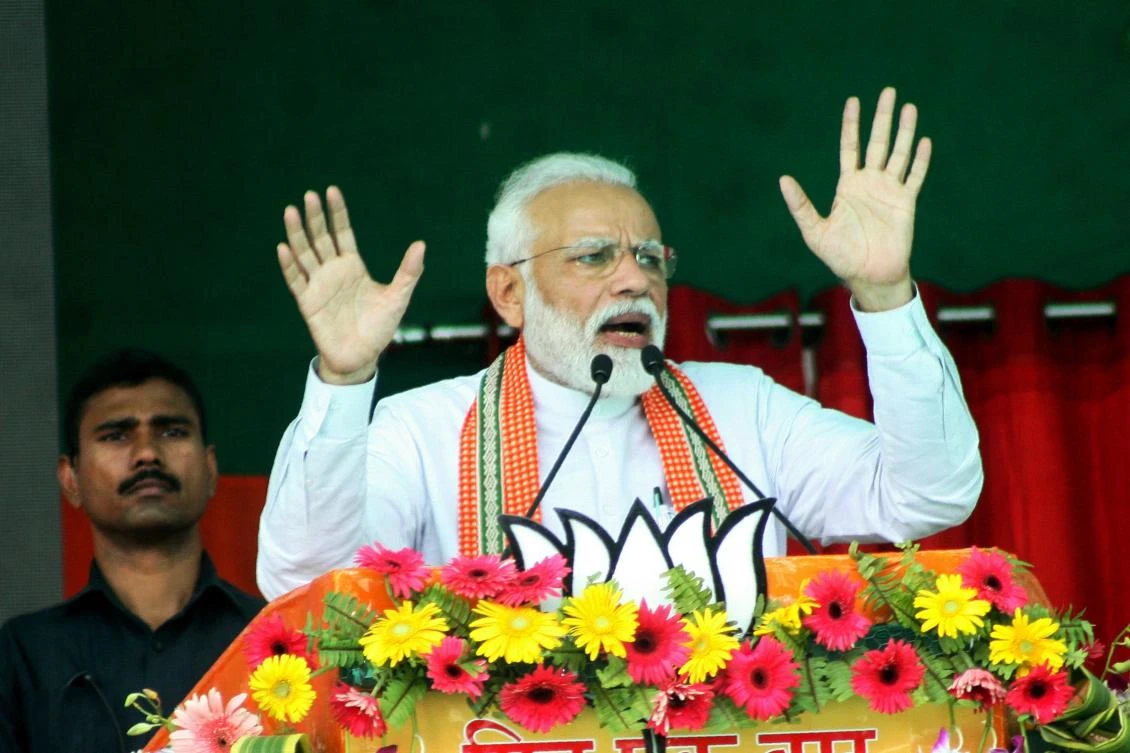 Indian Prime Minister Narendra Modi gestures while speaking at an election rally during the first phase of the Indian general elections in Bhagalpur, in the Indian state of Bihar on April 11, 2019. (AFP)