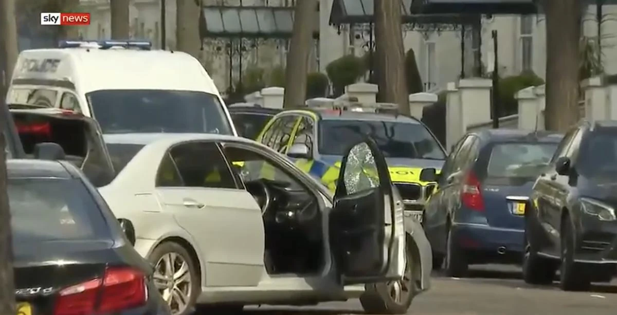 Police opened fire outside Ukraine’s embassy in London on Saturday after a vehicle repeatedly rammed into the ambassador’s parked car. (Screenshot/Sky News)