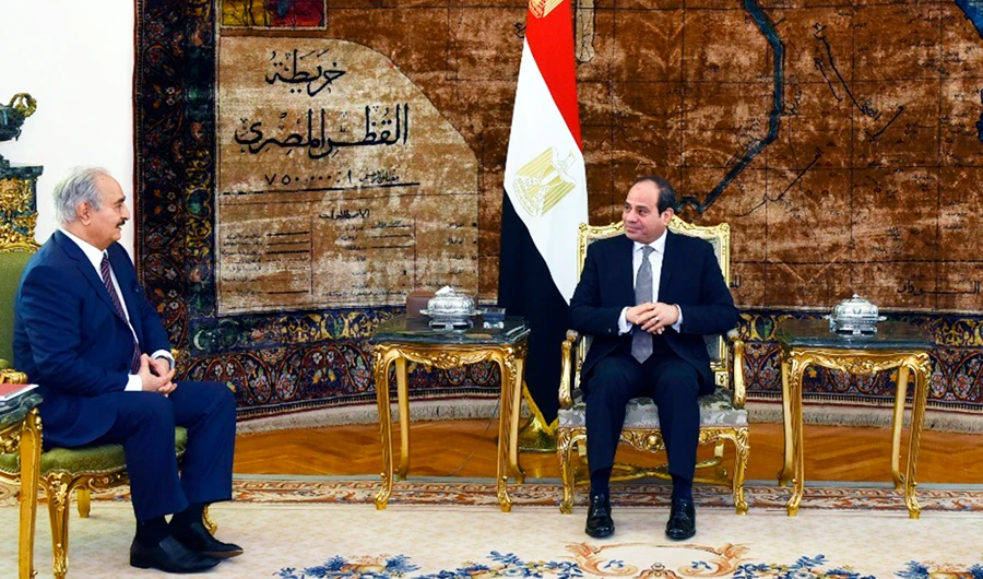 Egyptian President Abdel-Fattah El-Sissi, right, meets with the head of the self-styled Libyan National Army, Gen. Khalifa Haftar, in Cairo, Egypt, on April 14, 2019. (Egyptian Presidency Media office via AP)