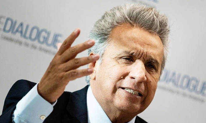 Ecuador's President Lenin Moreno gestures as he speaks at the Inter-American Dialogue April 16, 2019, in Washington, DC. (AFP)